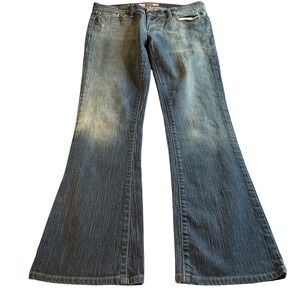 Indie Women's Medium Wash Flare Leg Jeans Blue Distressed Mid Rise Size 32x32